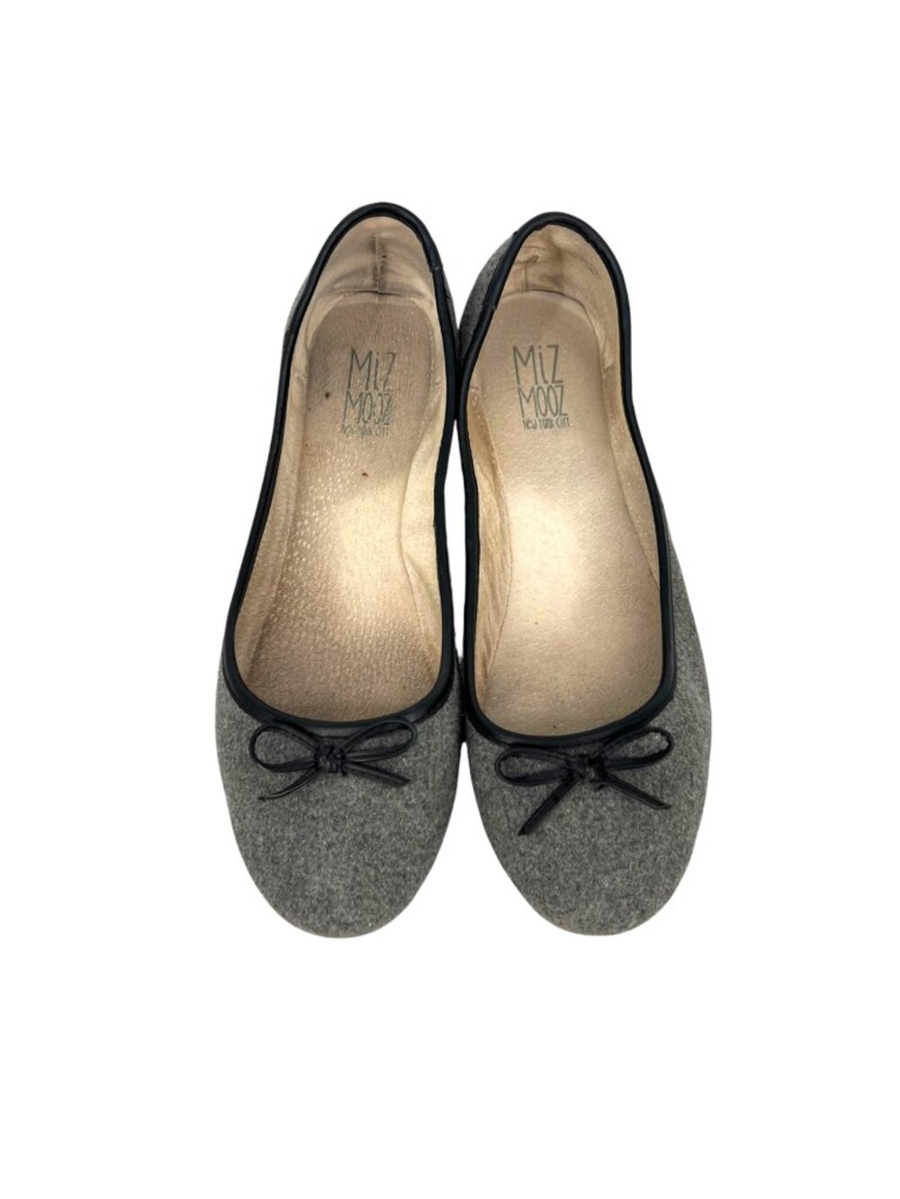 Miz Mooz Precious Gray Wool Ballet Flats With Black Trim Bow Size 9.5